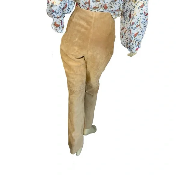MARGARET GODFREY TAN SUEDE WHIP STITCH W/FLORAL DESIGN FLARE LEG PANTS (10) - Picture 5 of 14